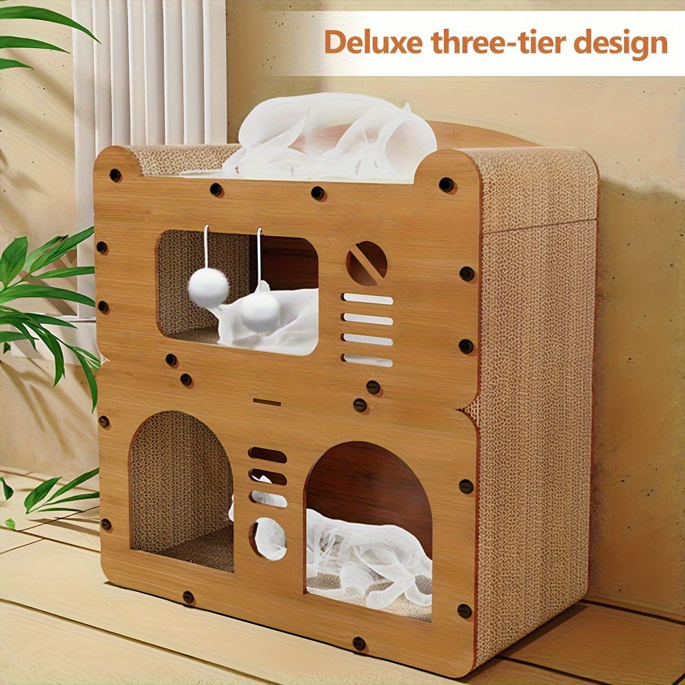 Double- or Three-Level Cat Tree Condo with Wood-Look Panels, Doorway Cutouts and Scratch Liners — image 2