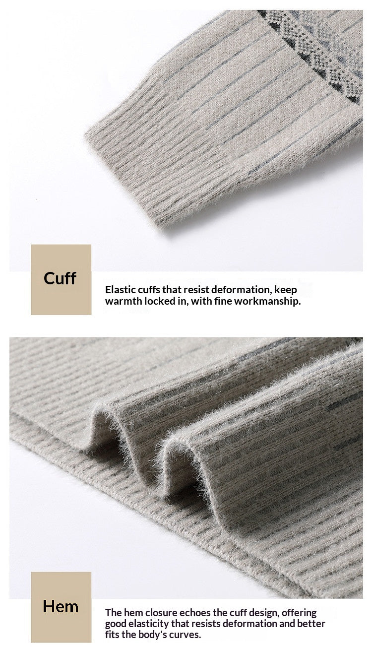 Mens Knitted Fleece-lined Thick Crew-neck Faux Mink Sweater