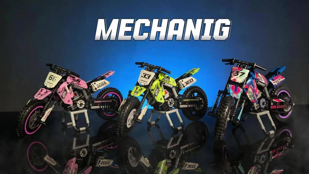 Building Block Set Off-Road Motorcycle Model, 476-Piece Purple and Black Bike with Display Dimensions and Instructions — imag