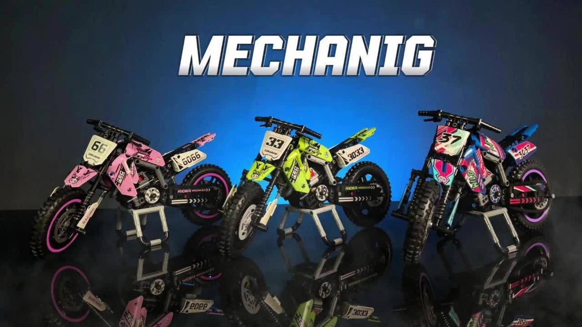 Building Block Set Off-Road Motorcycle Model, 476-Piece Purple and Black Bike with Display Dimensions and Instructions — imag