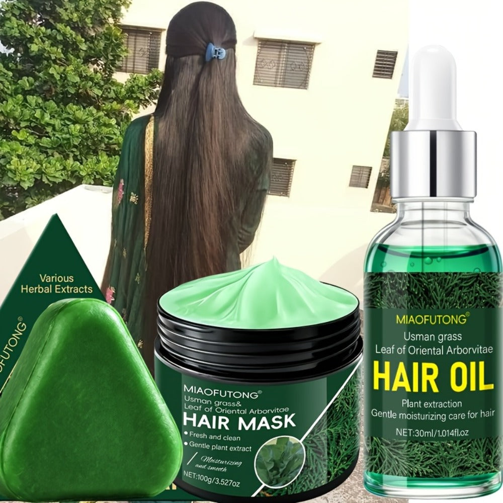 Three-Piece Usman Grass Hair Care Kit with 120g Triangular Shampoo Bar, Oil and Mask Formats — image 3