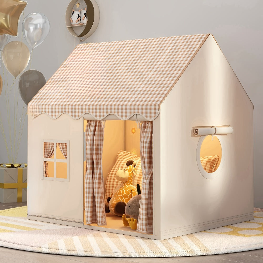 Checked Cabin Kids Play Tent in Pink, Khaki or Yellow with 130 x 120 x 100cm House Frame and Scalloped Roof — image 5