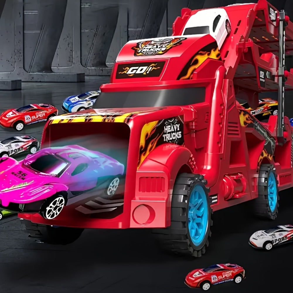 Transforming Launcher Truck Playset with 8 Alloy Cars, Foldable Storage Transporter Toy, Car Carrier Truck with Launch Ramp —