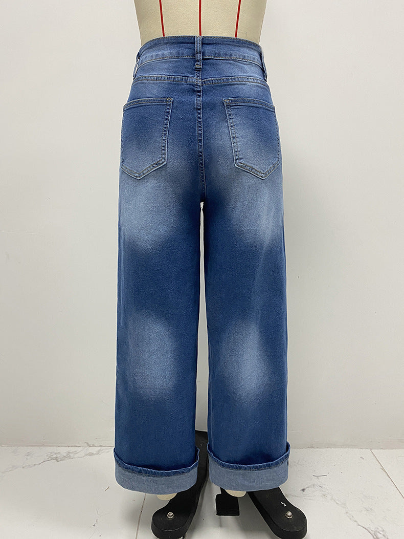 High-waisted Trousers-foot Curling Straight Jeans