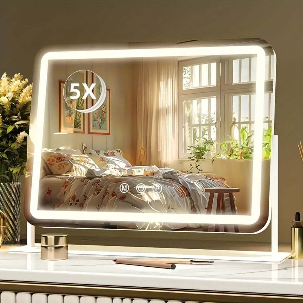 LED Vanity Mirror, Rectangular Tabletop Makeup Mirror with Touch Dimming and Three Light Colors on a Rotating Stand — image 1