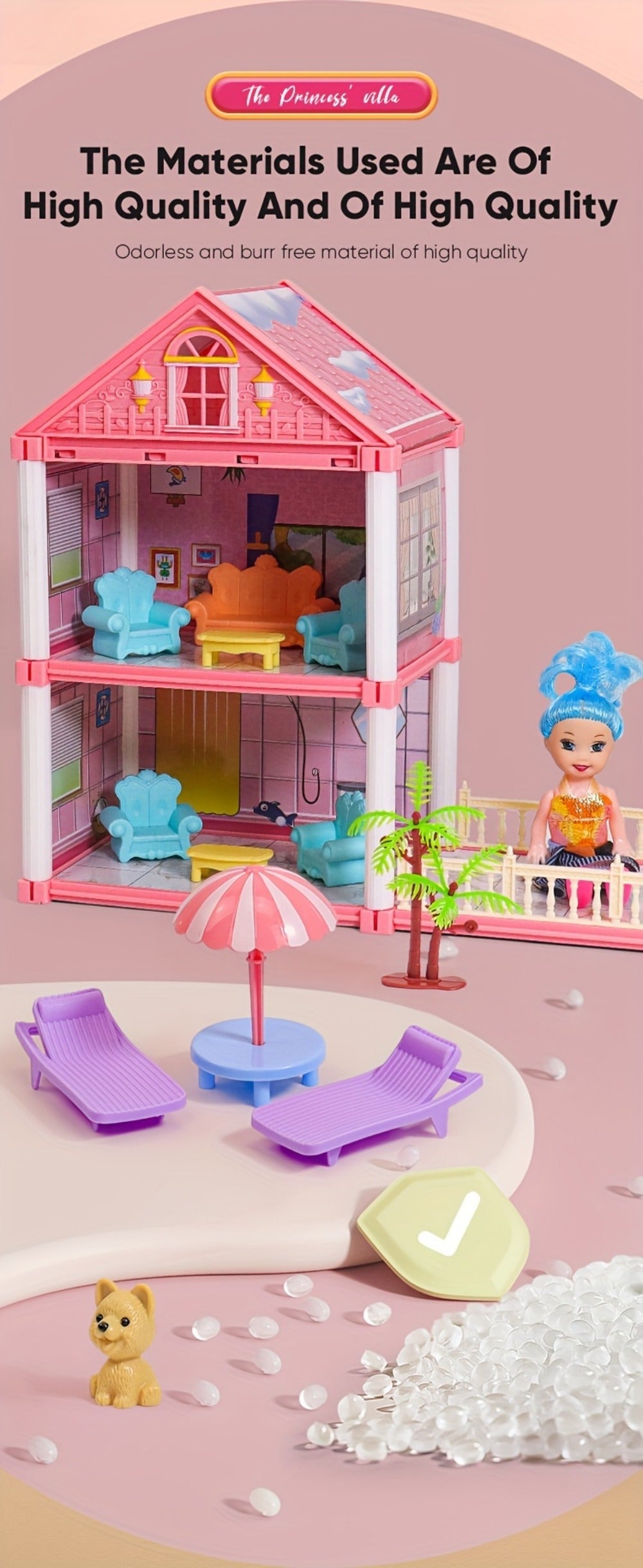 Princess Doll House Castle with Furniture & Accessories, Pink or Blue Mini Villa Playset 14 to 27 Rooms — image 22