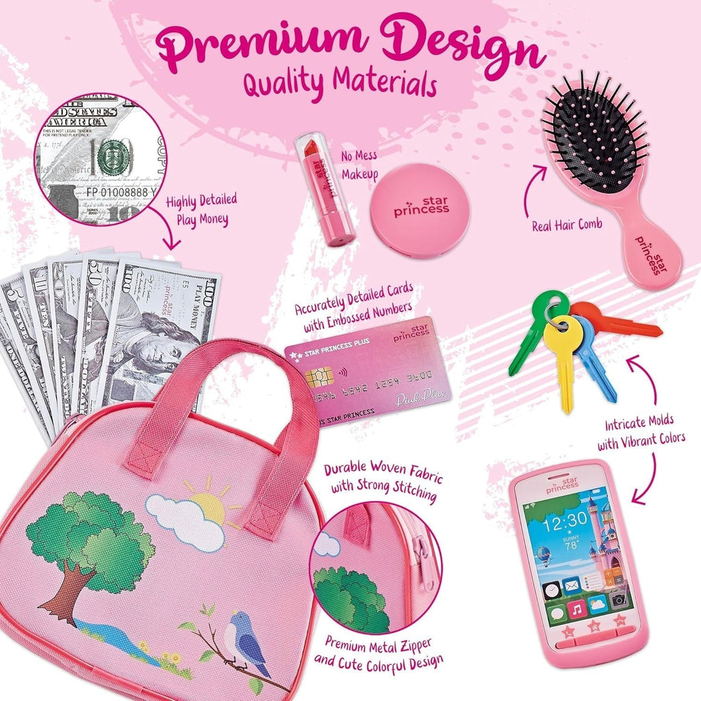 Girls Play Purse Set with Accessories 9pcs, Pretend Makeup, Toy Keys, Fake Phone & Credit Card, Toddler Dress Up Handbag Role
