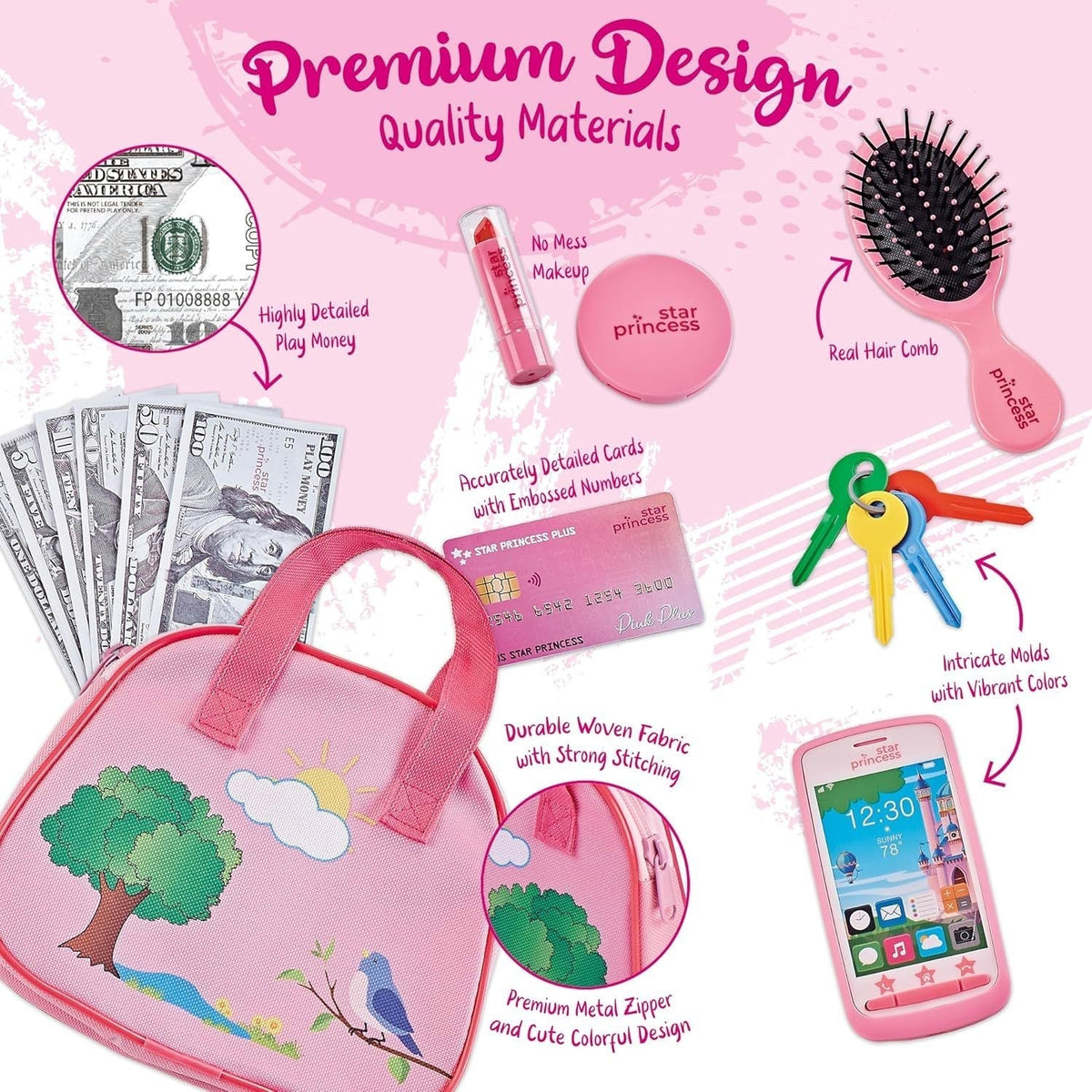 Girls Play Purse Set with Accessories 9pcs, Pretend Makeup, Toy Keys, Fake Phone & Credit Card, Toddler Dress Up Handbag Role