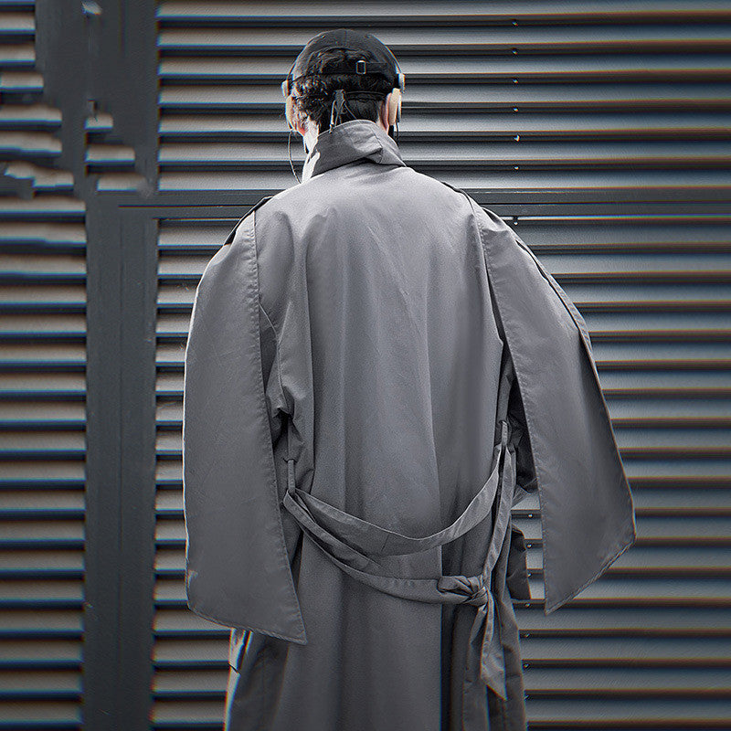 Multi-pocket Scarf Long Trench Coat For Men Loose Casual Jacket