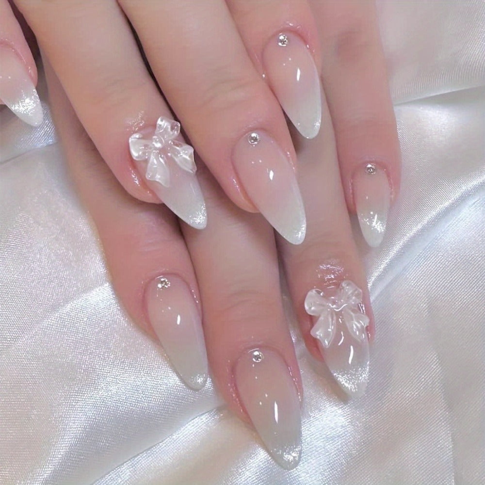 Press On Nails 96-Piece Almond Four-Pack Ice Pink Gradient Flower Butterfly Glossy Full-Cover Set — image 3