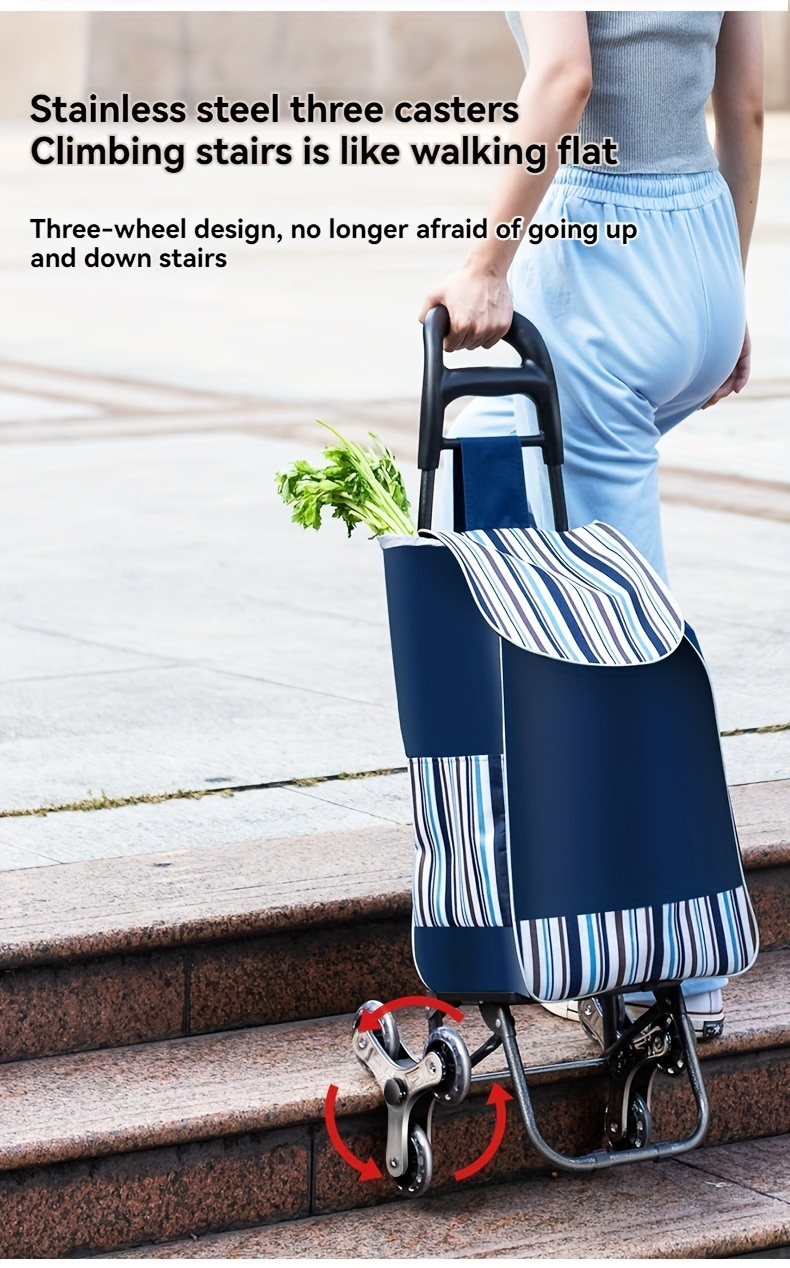 Stair Climbing Shopping Cart with Detachable Hand Truck, Foldable Grocery Trolley with Spacious Polyester Bag for Home Market