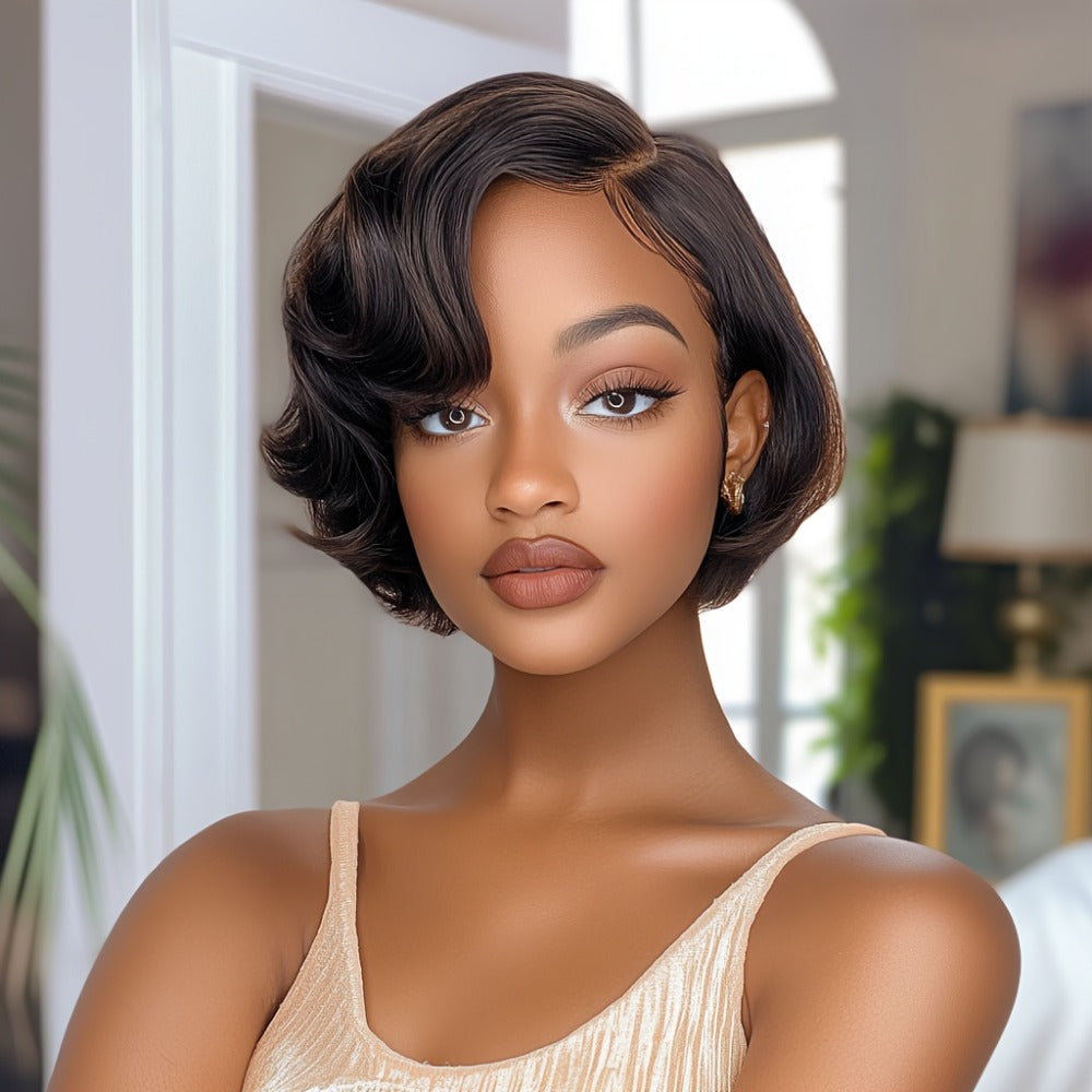 Lace Front Wig Human Hair Body Wave Bob with 4x1 Lace, 6in Length and Three Brown Highlight Colors — image 8