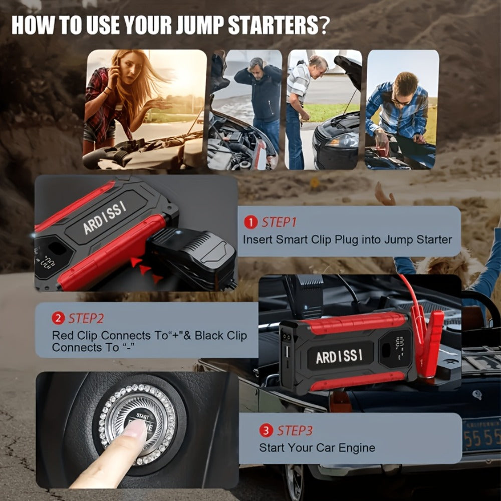 5-in-1 Jump Starter 5000A Peak – 10000mAh Power Bank, 150PSI Air Inflator, Type-C & LED Emergency Light for 12V Gas & Diesel 