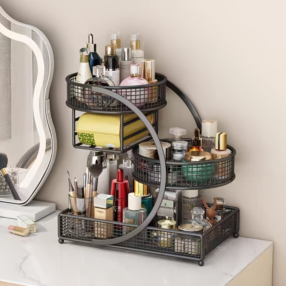 Cosmetic Organizer with Tissue Box Holder No-Installation Countertop Makeup Skincare Storage Rack for Bathroom Dresser Vanity