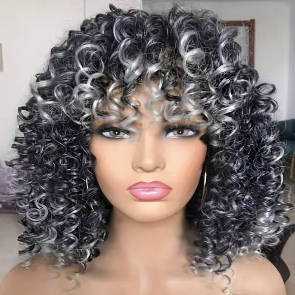 Synthetic Wig 14-Inch Kinky Curly Afro with Bangs in Black, Granny Gray or Dark Brown for Daily Styling — image 6