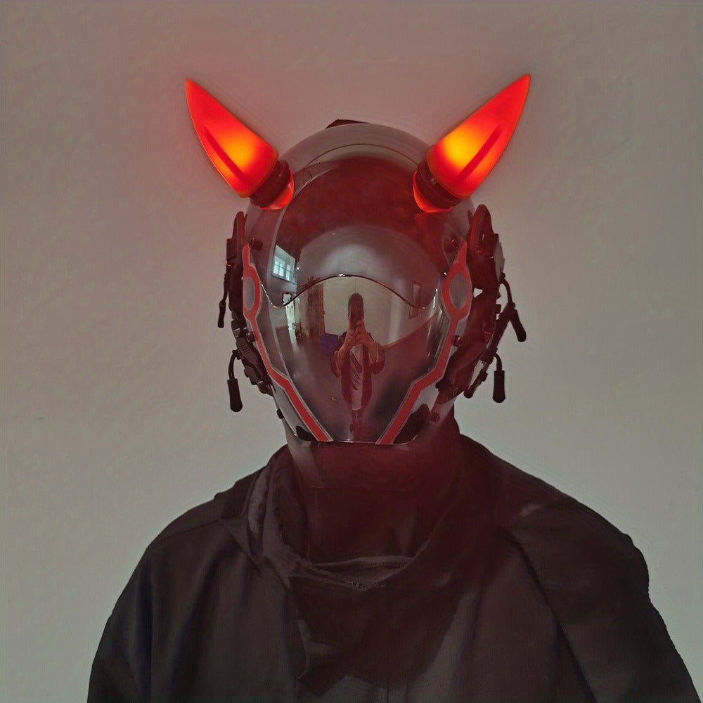 Pink LED Cyberpunk Costume Mask with Horned Full-Face Helmet, Reflective Visor and Lighted Accent Lines — image 16