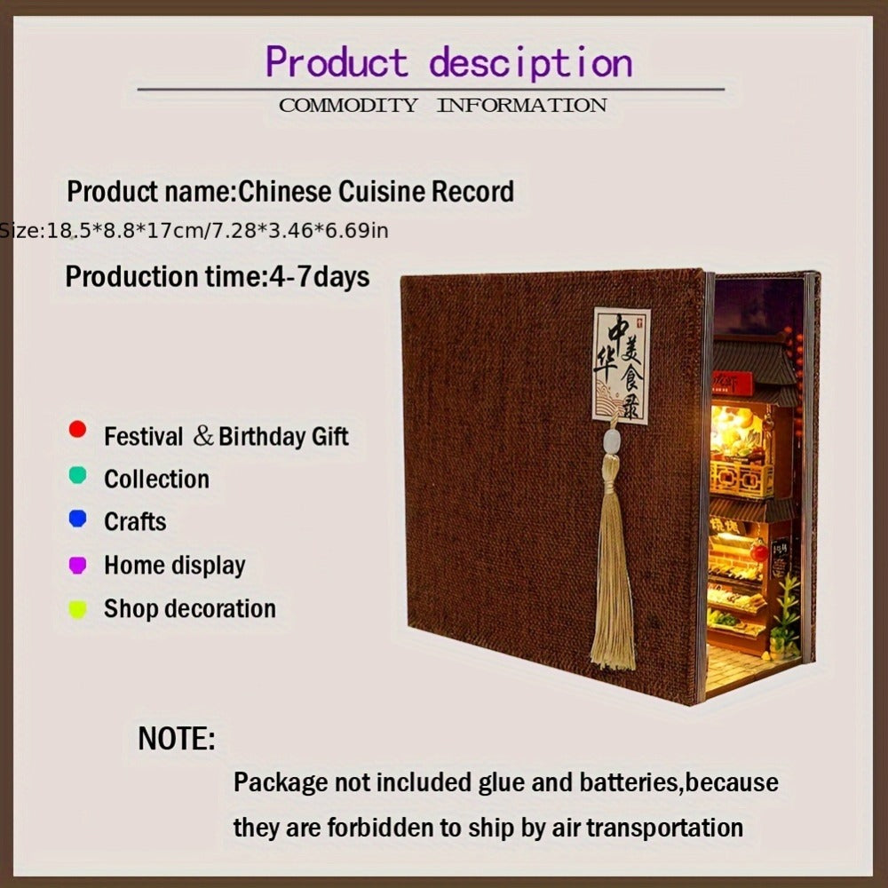 Book Nook Kit Chinese Food Street Miniature Dollhouse 3D Wooden Puzzle Bookshelf Insert DIY Model Building Set for Adults Tee