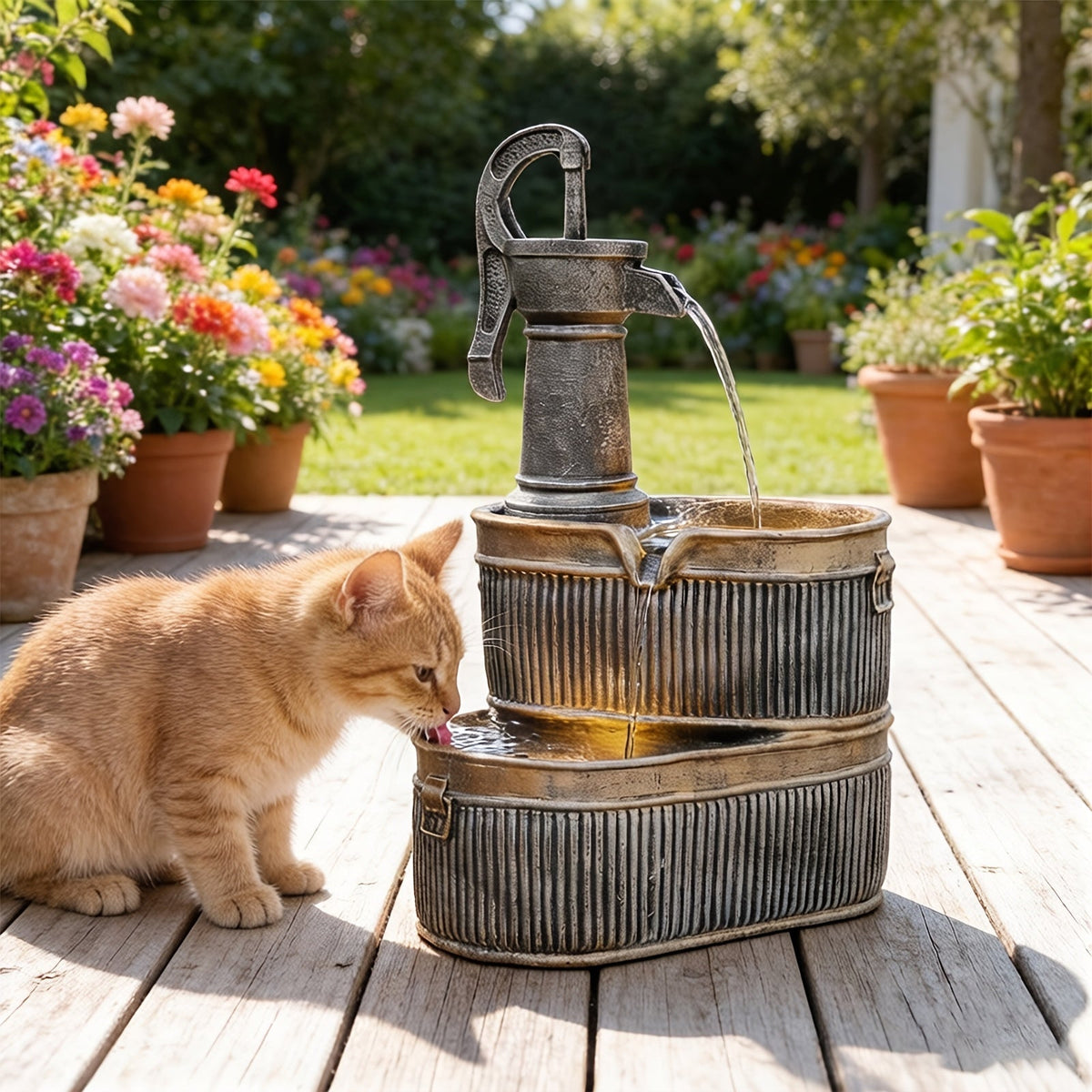 Outdoor Water Fountain 2-Tier Barrel with LED Light & Pump - Rustic Resin Garden Fountain for Patio — image 2