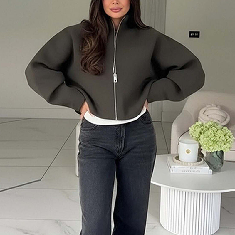 Solid Color Casual Stand Collar Zip Loose Jacket Coat Women