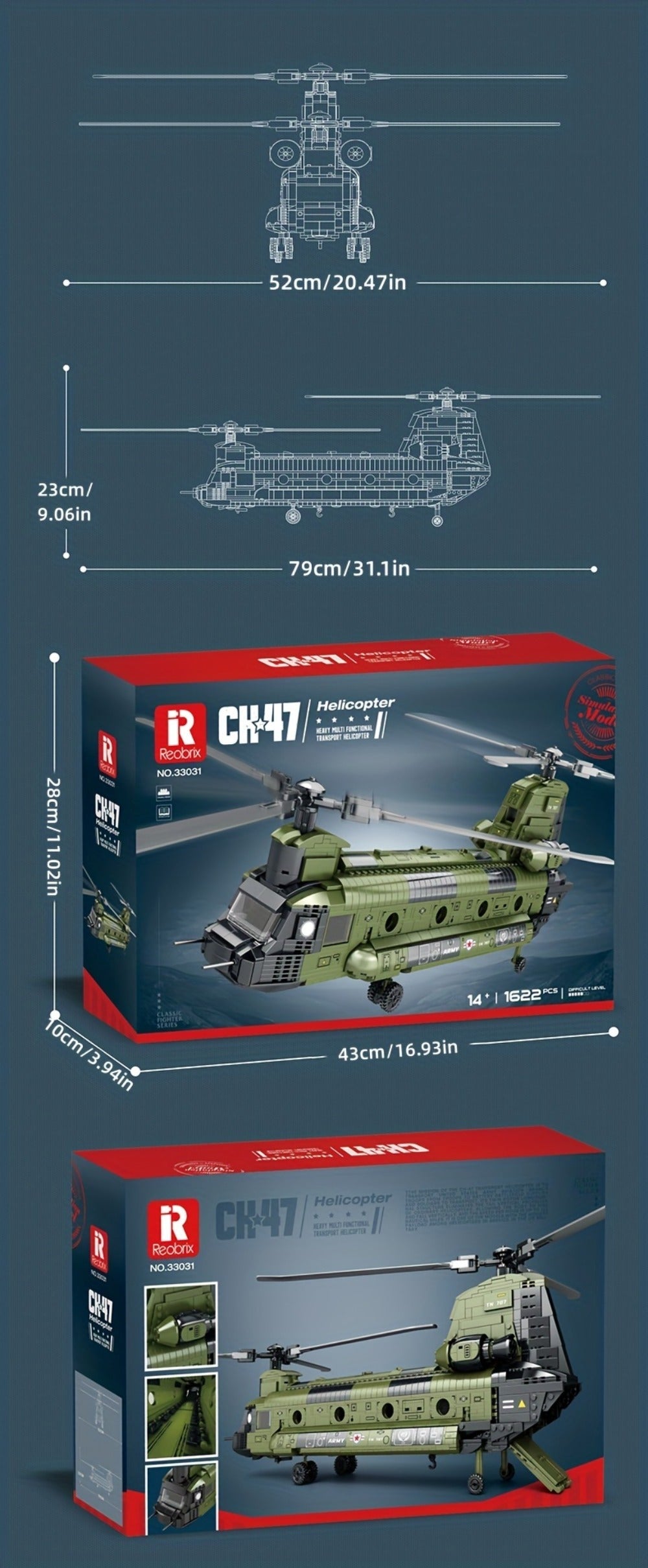 Chinook Helicopter Building Blocks Set 1622 Pcs – US Military CH-47 Transport Helicopter MOC Model Kit Adults Teens Aviation 