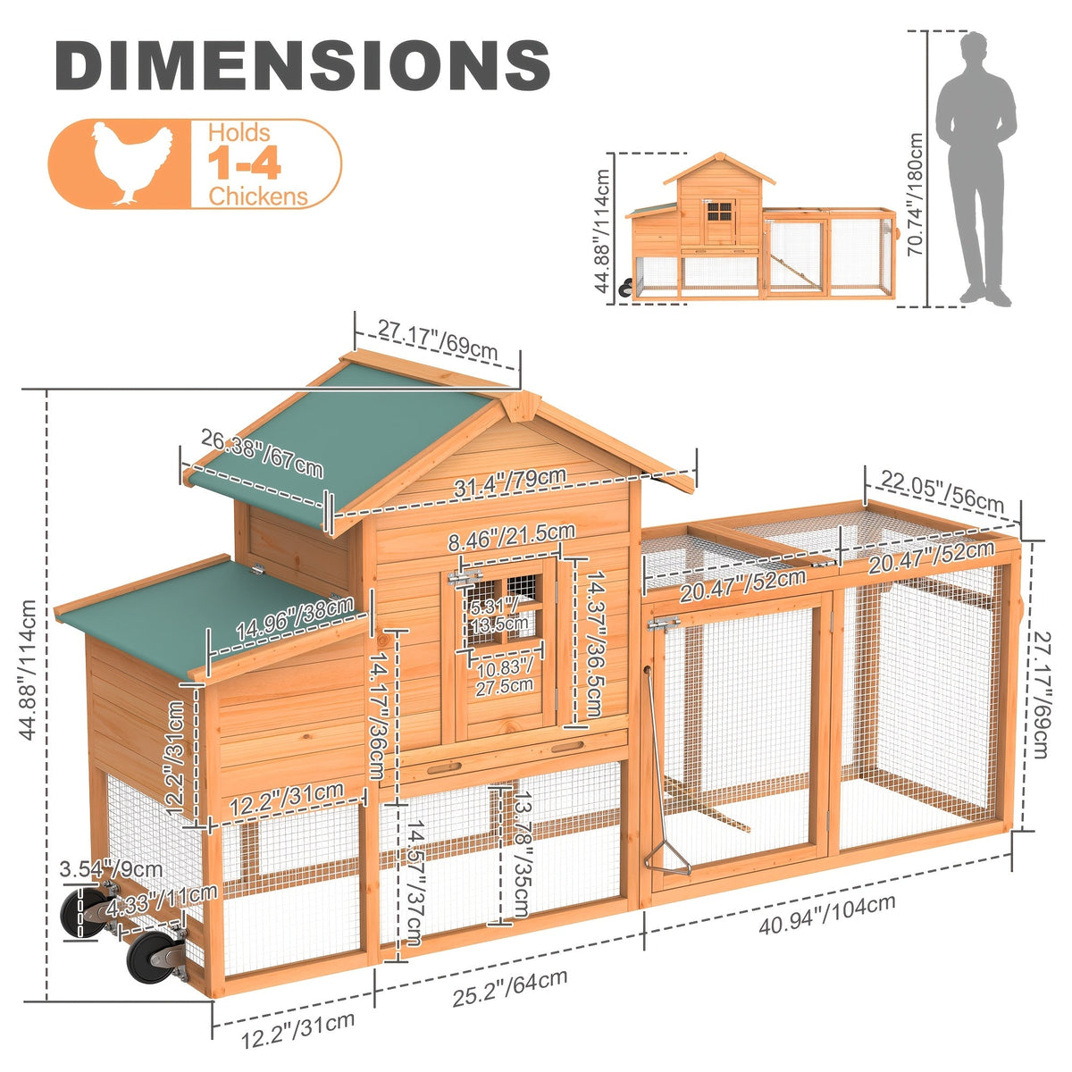 Portable Wooden Chicken Coop with Wheels, Nest Box and Wood Roof or Sunshine Board Run Option — image 2