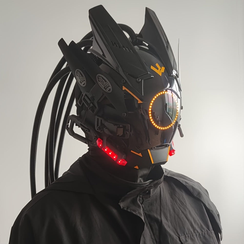 LED Braided Cyberpunk Costume Helmet with Circular Face Light and Blue, Green or Pink Accent Styles — image 35
