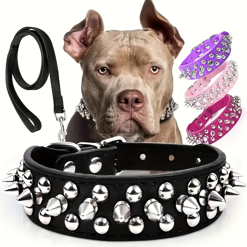 Rivet-Studded Dog Collar and Matching Leash Set with Metal Buckle, Five Colors and XS–XXL Sizing — image 1