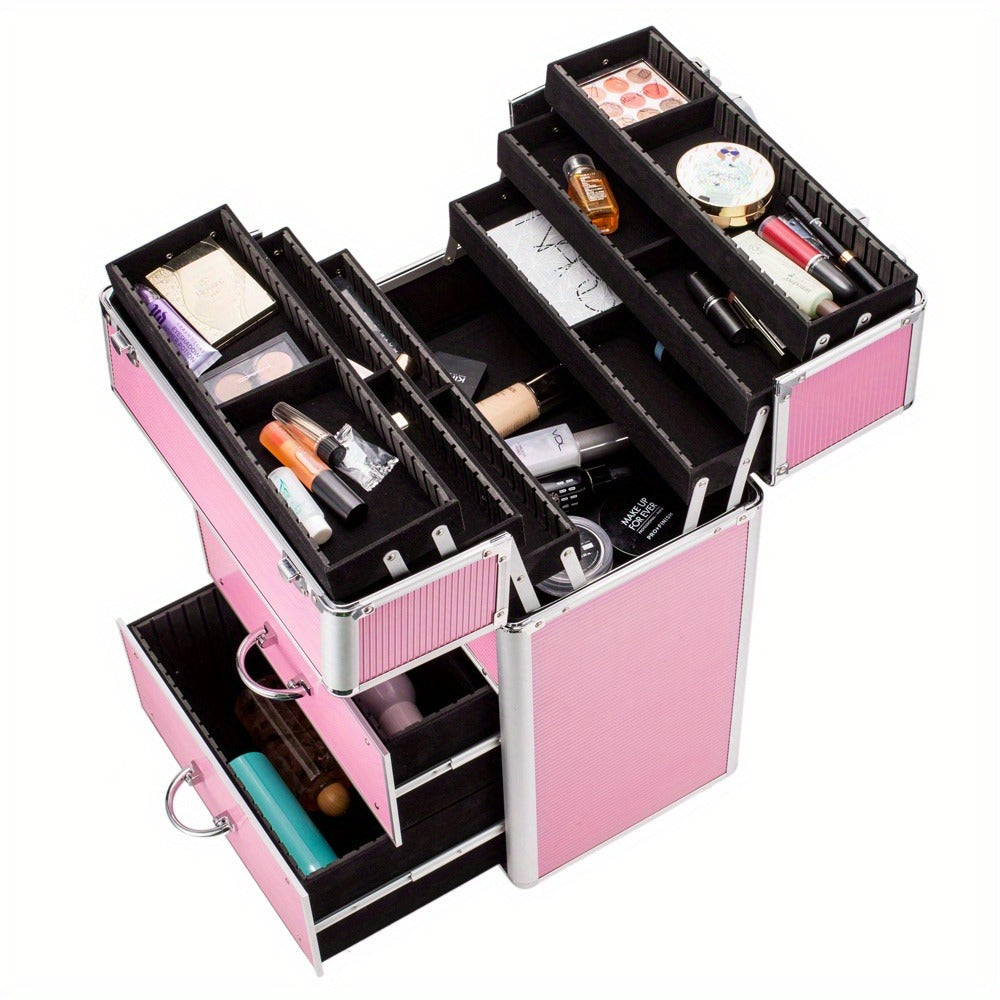 Pink Four-Tier Rolling Makeup Train Case with Fold-Out Top Trays, Two Drawers and Telescoping Handle — image 10