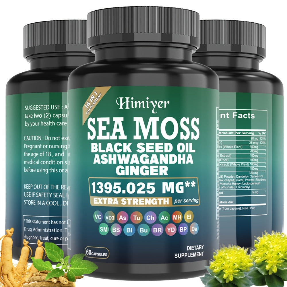 Sea Moss Capsules 3-Pack 180ct with Black Seed Oil Ashwagandha Turmeric Vitamin C D3 for Bath Time, Home Spa and Personal Car