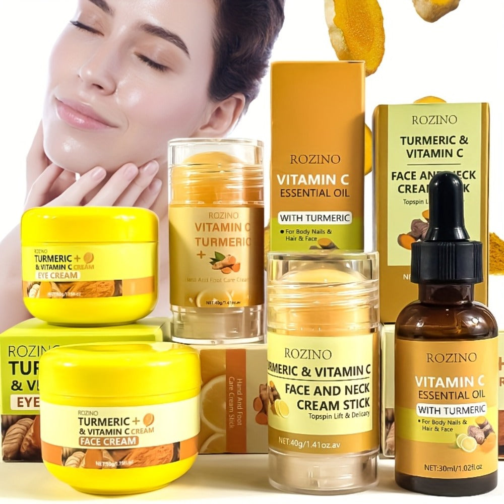 Skincare Set with ROZINO Label, 5 Turmeric and Vitamin C Cream and Serum Items for Face Hands and Feet — image 1
