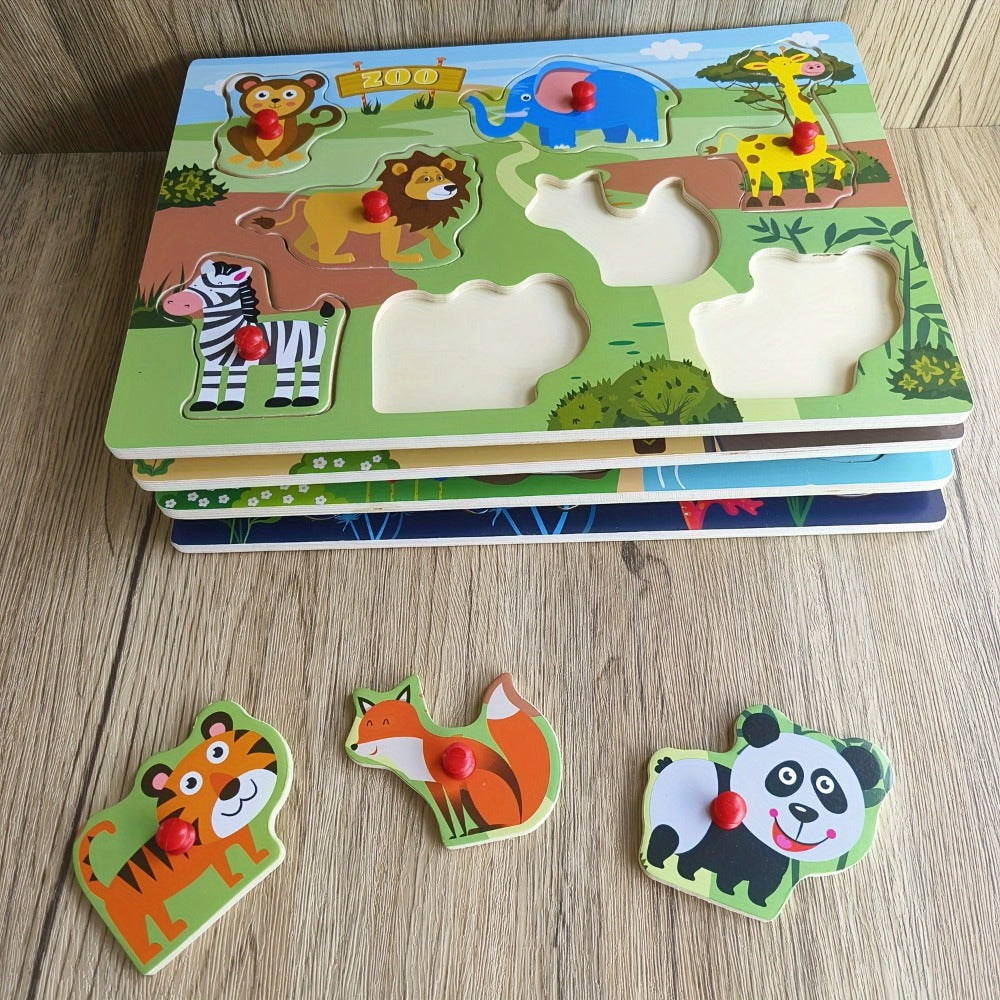 Four-Board Wooden Peg Puzzle Set with Colorful Animal Scenes and Red Knob Pieces for Matching Play — image 5