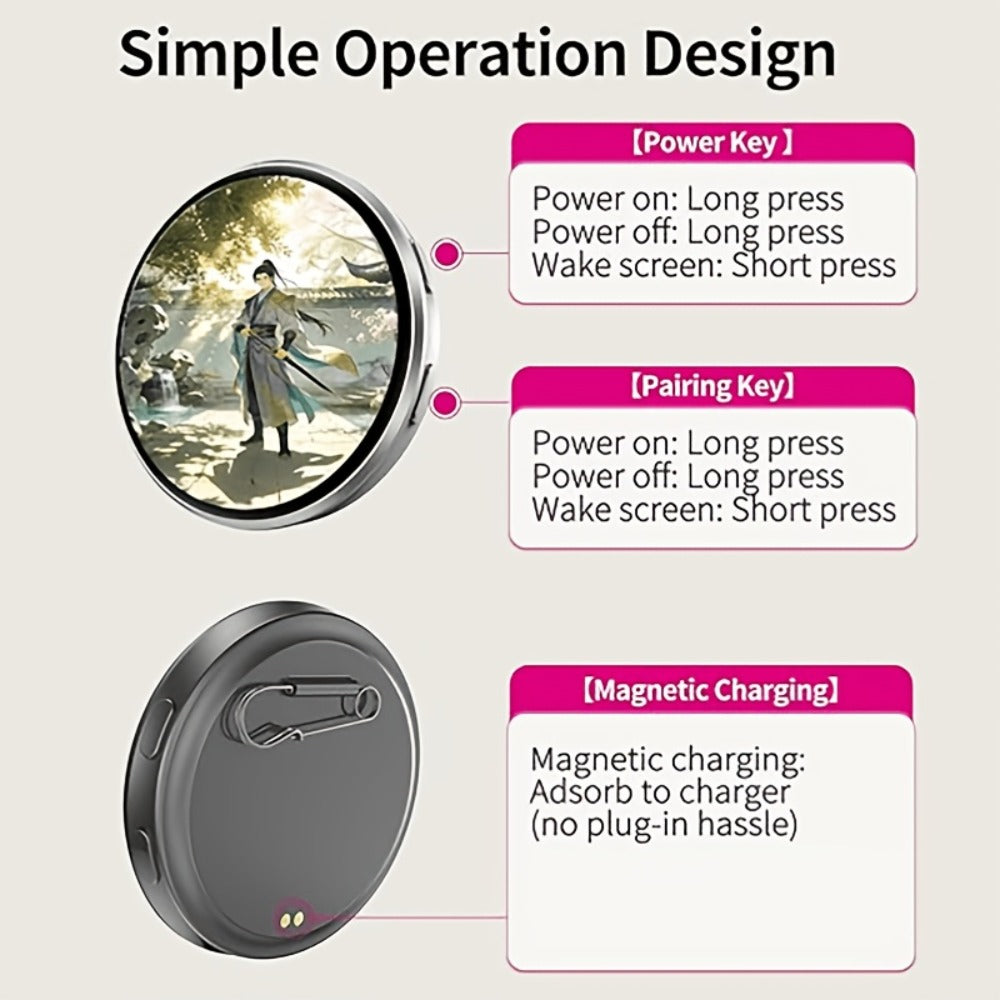 Electronic Anime Badge with Display Screen, Dynamic Touch, High Frame Rate, 600mAh Battery, Bluetooth 6.0 & USB Magnetic Char