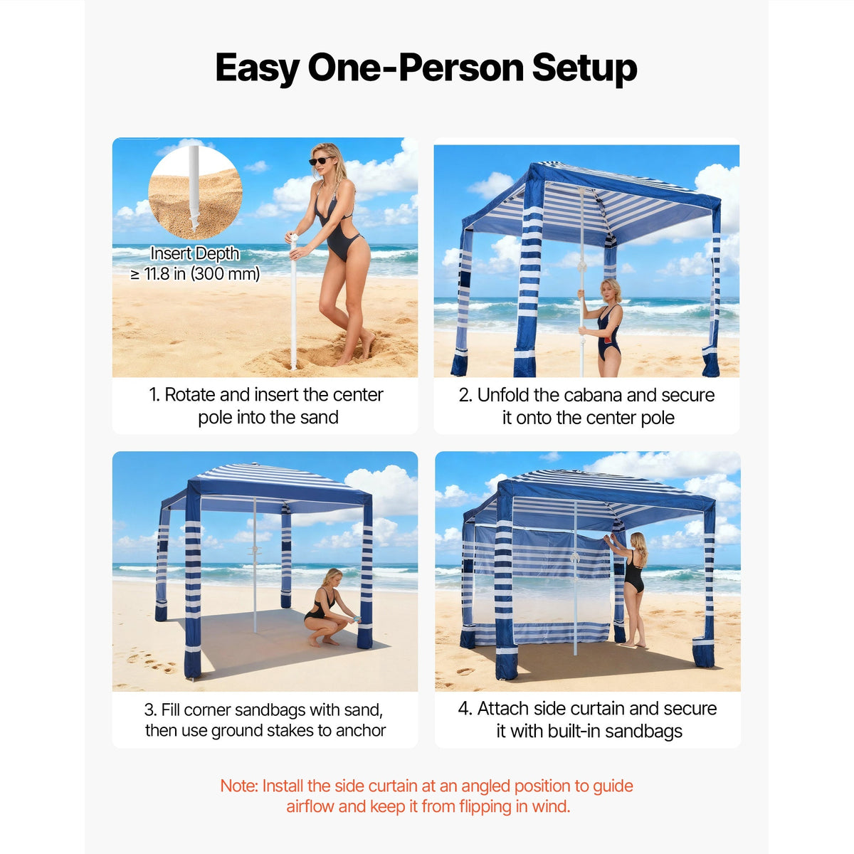 Beach Cabana 8x8ft UPF 50+ Adjustable Height Side Wall Navy Stripes for Garden, Patio and Yard Use — image 6