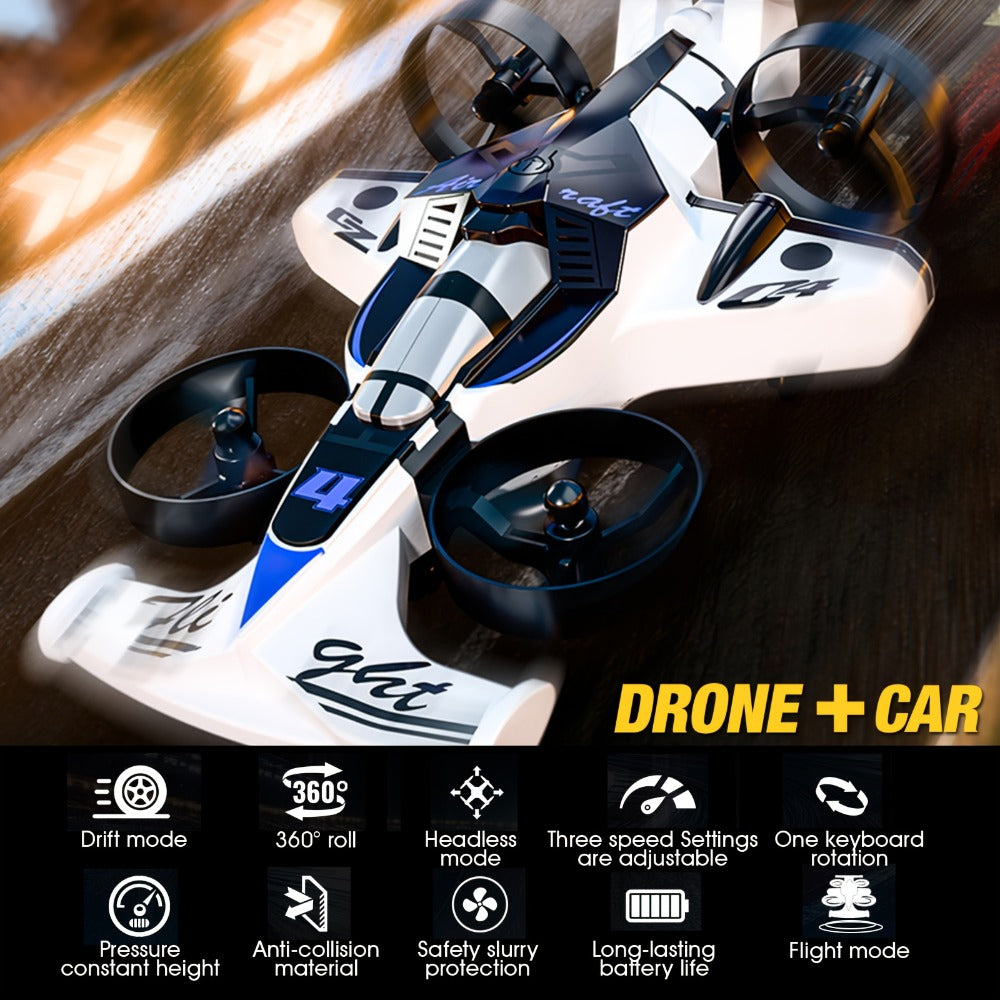 Two-in-One RC Drone and Ground Car with White Body, Two Batteries and Propeller Guards for Indoor Play — image 5