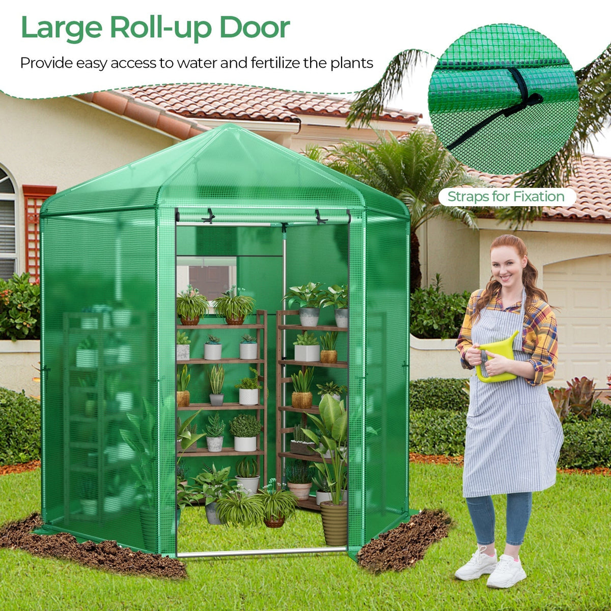 85 x 72 x 90-Inch Walk-In Greenhouse with Green Grid Cover, Roll-Up Door, Mesh Window and Six Ground Stakes — image 2