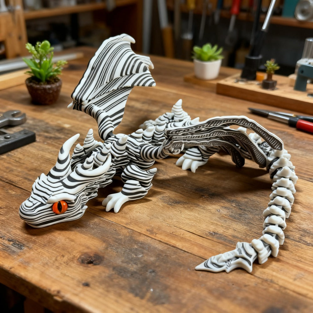 Articulated Black-and-White Swirl Dragon Figurine with Poseable Segments and Random Eye Color for Desktop Display — image 10