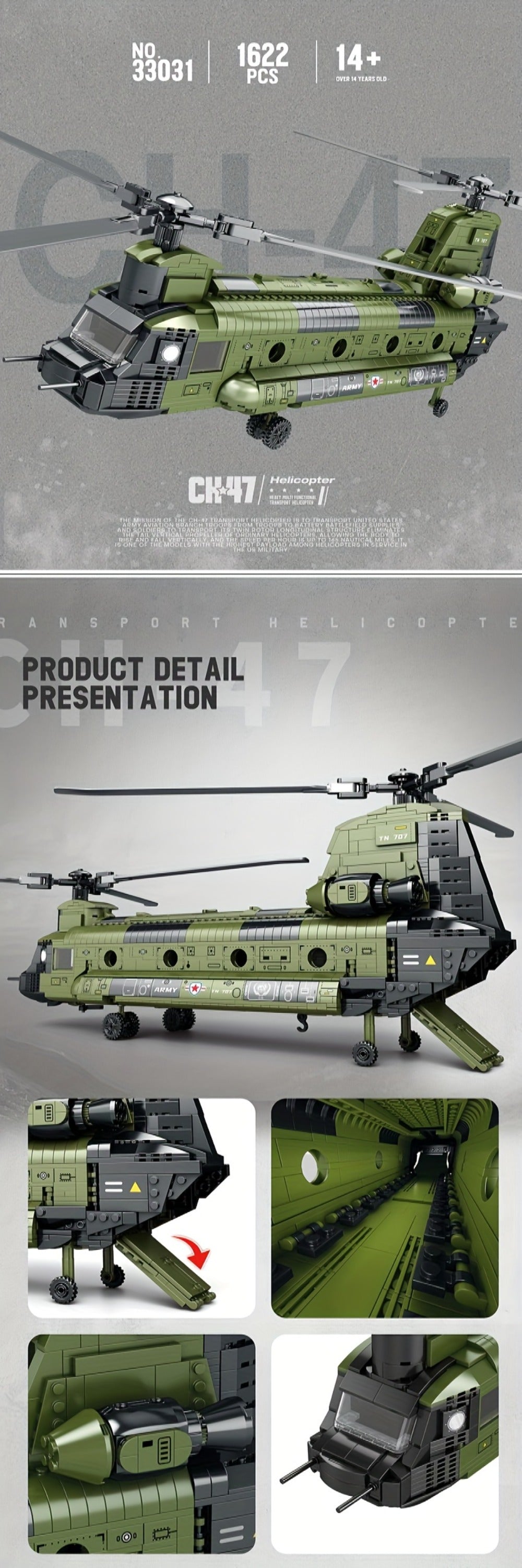 Chinook Helicopter Building Blocks Set 1622 Pcs – US Military CH-47 Transport Helicopter MOC Model Kit Adults Teens Aviation 