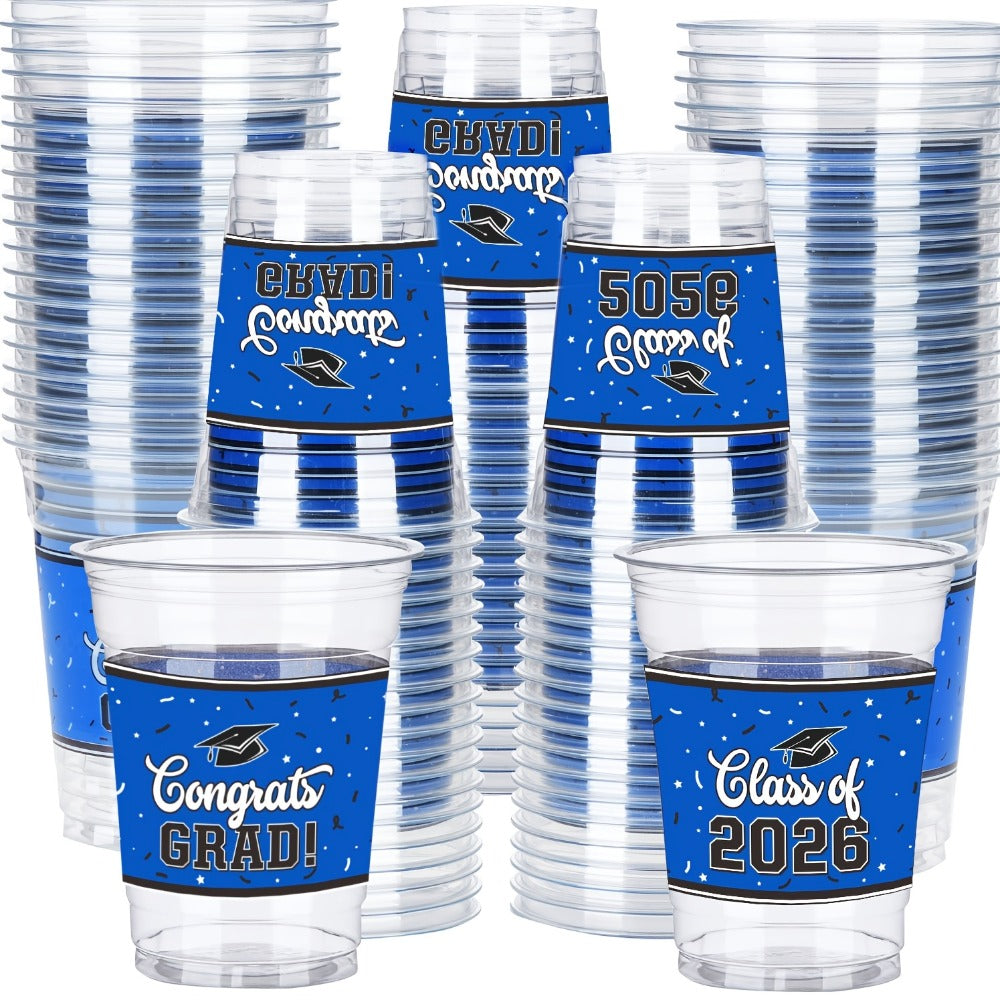 Graduation Plastic Mugs 100 Pack 14oz, 2026 Graduation Party Cups in Black Red Blue Green Purple Maroon for Graduation Ceremo