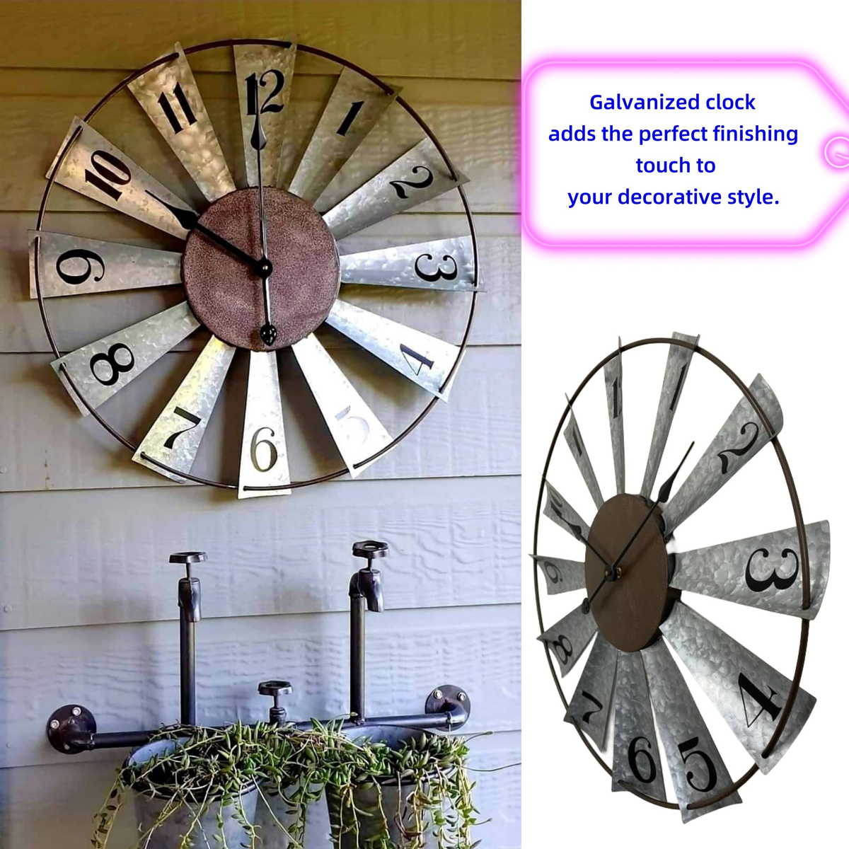 24-Inch Windmill-Style Metal Wall Clock with Galvanized-Look Silver Blades and Brown Analog Center — image 2
