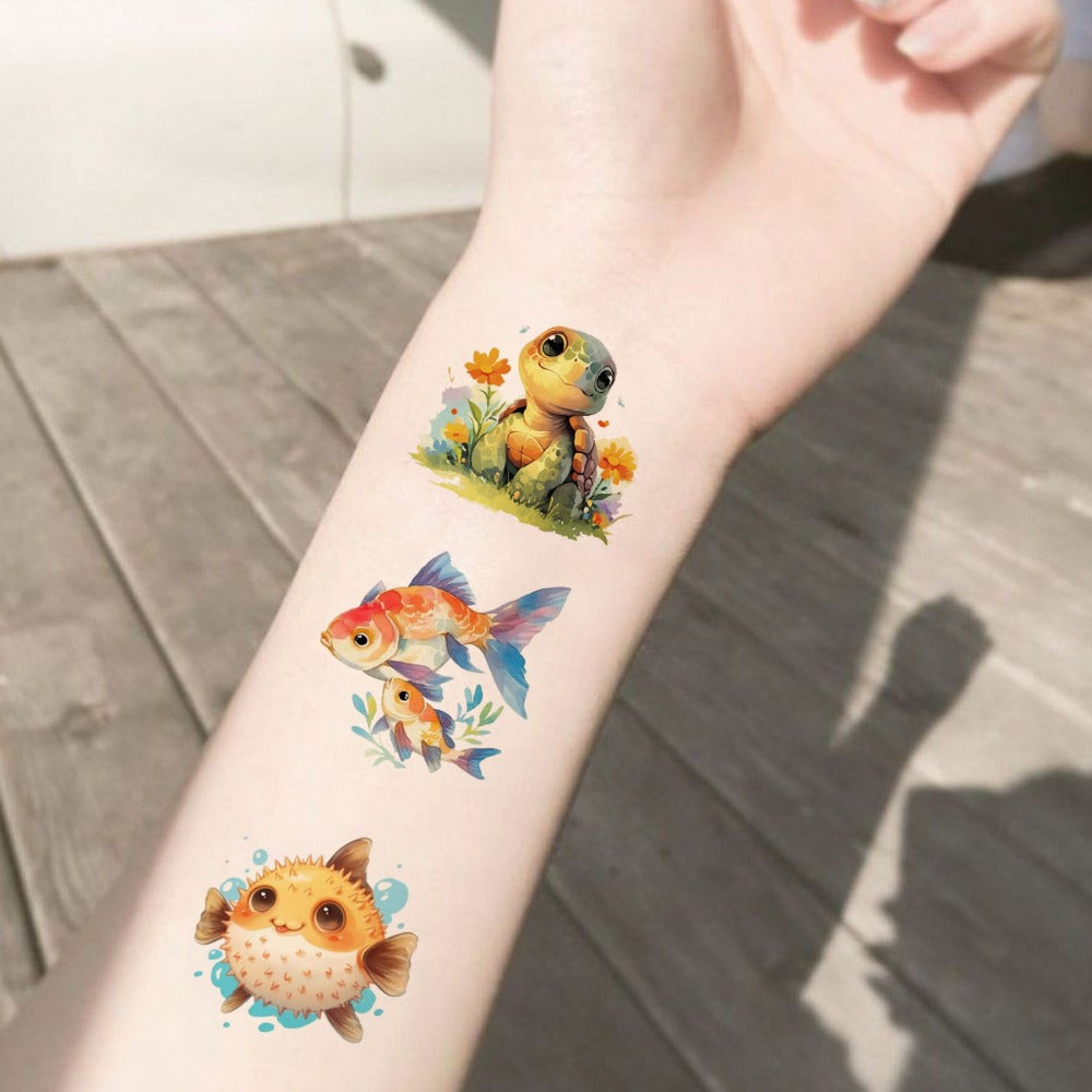 Ocean Animals Temporary Tattoo Stickers 12 Sheets 48 Designs Underwater Sea Creatures Cartoon Vibrant Body — image 3