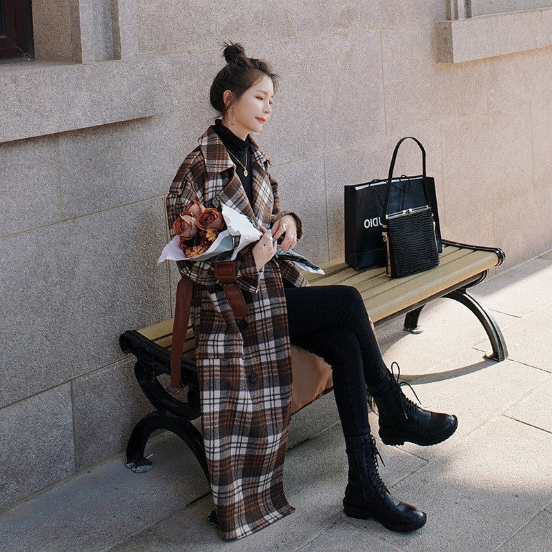 Retro Hit Color Plaid Woolen Coat Jacket Women