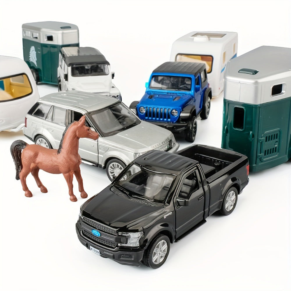 RMZCity 1:36 Scale Zinc Alloy Pull Back Car with Horse Trailer & Horse Vehicle, Openable Doors Diecast Toy Set for Kids & Adu