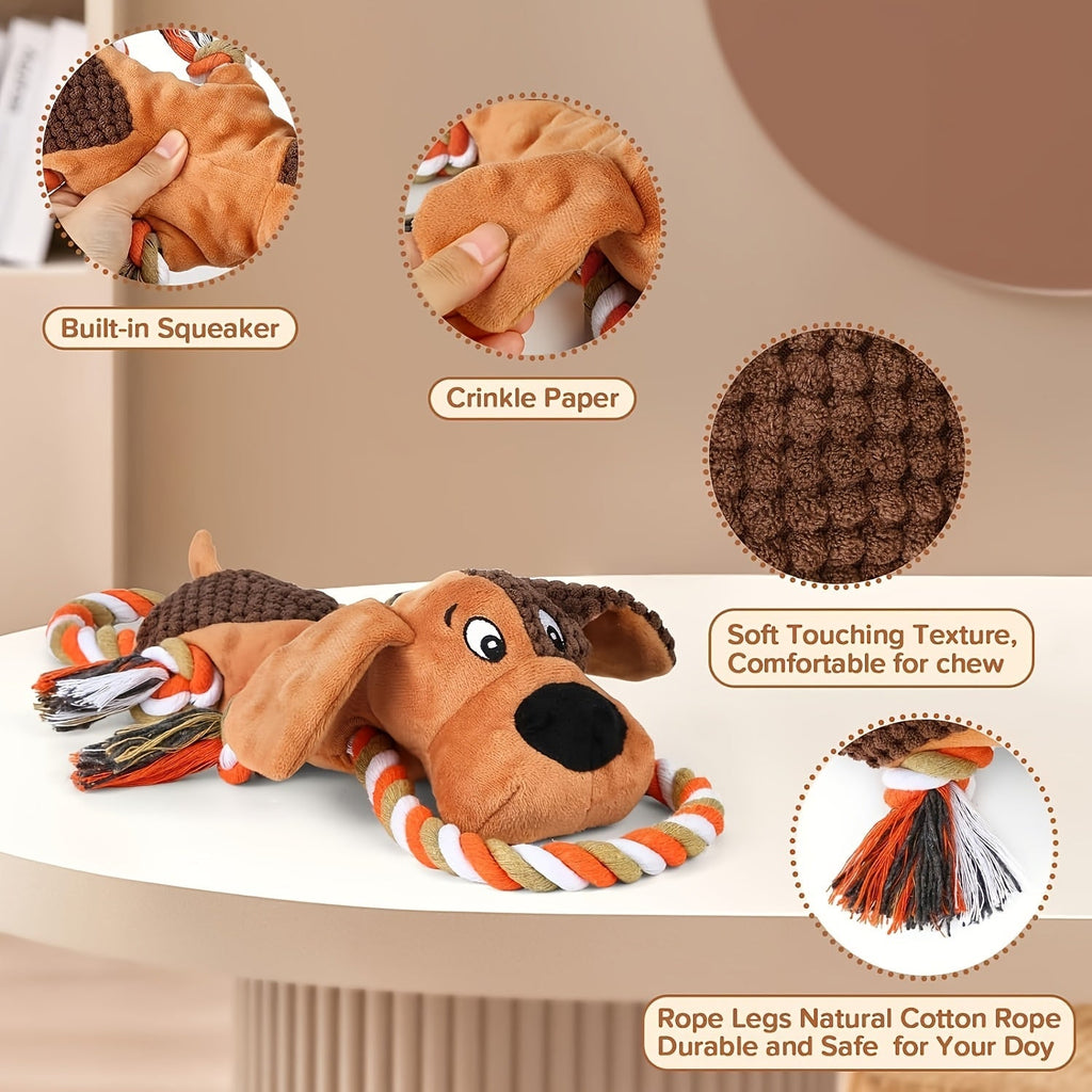 Dog Toy Plush Rope Animal with Squeaker, Crinkle Paper and Four Styles for Chew, Tug and Fetch Play — image 4