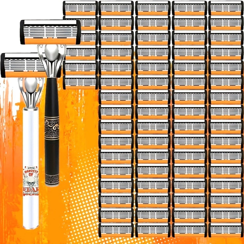 Men's Safety Razor Set 72 Blades 2 Non-Slip Handles Progressive Classic Style Painless Shaving Kit – Close Shave Replacement 