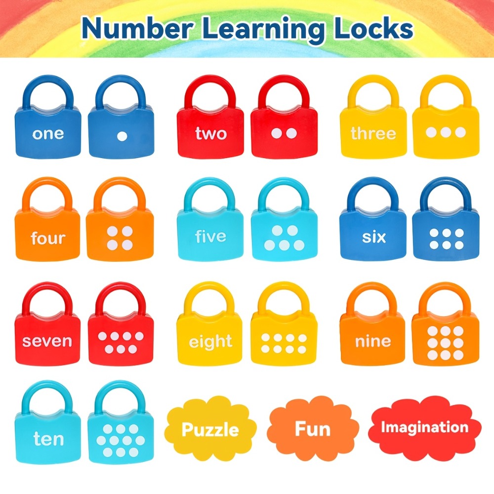 Preschool Math Lock and Key Counting Toy 10 Sets – Number Recognition Manipulative for Kids Ages 3-5, Color-Coded Kindergarte