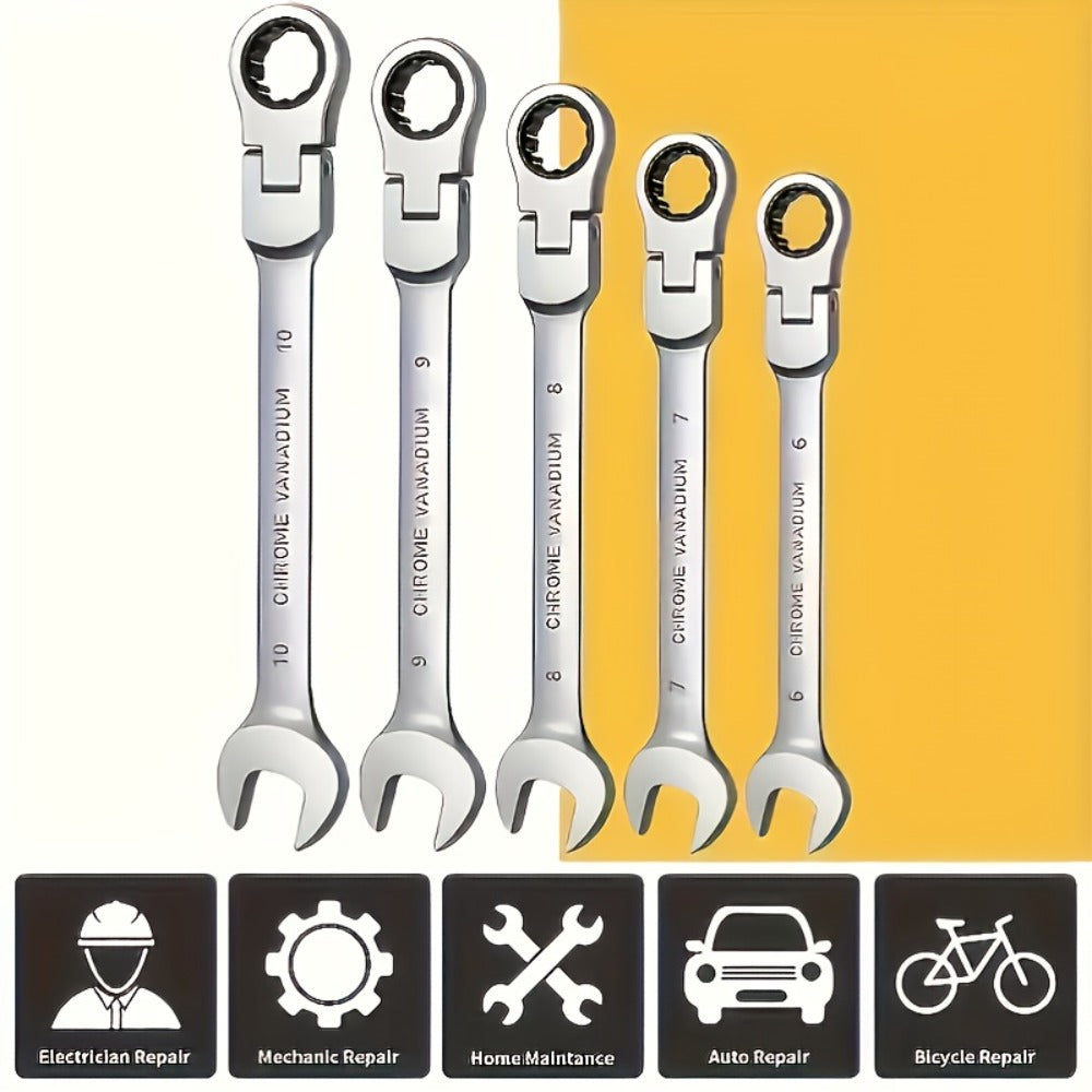 CR-V Flex Head Ratchet Wrench Set 5-Piece – 2-in-1 Reversible Open End & Hex Socket Dual-Purpose Kit | Automotive Engine Bay,