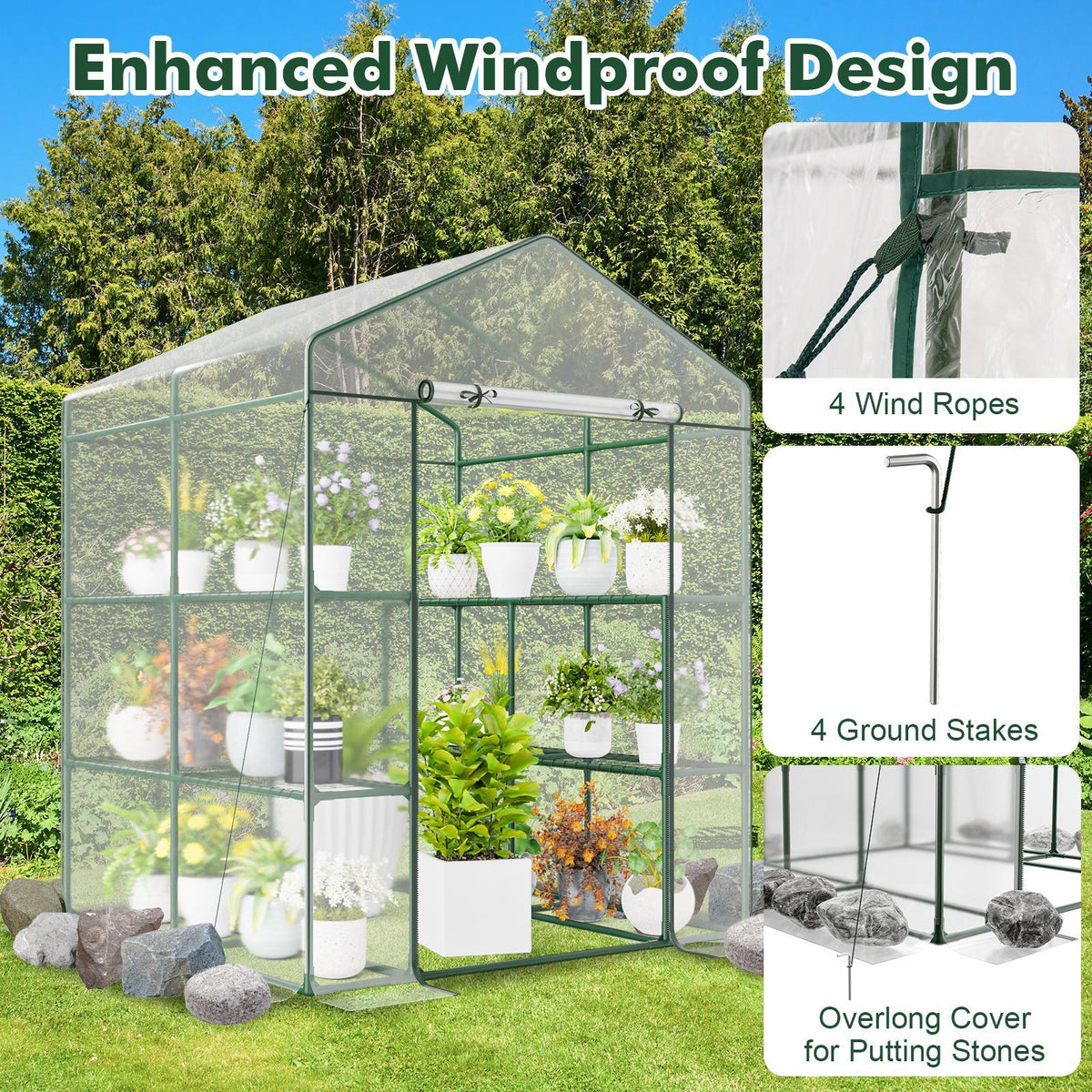 55 x 57 x 77-Inch Walk-In Greenhouse with Transparent Cover, Roll-Up Door and Eight Side Shelves — image 6