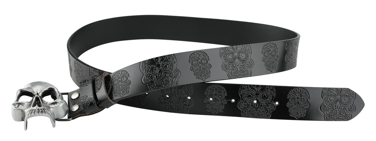 Leather Belt With Embossed Ghost Head Design And Smooth Skull Buckle