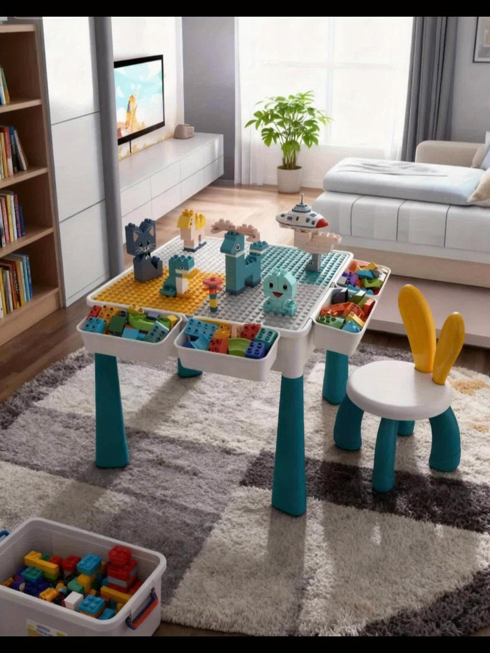 Kids Activity Table Building Blocks LEGO Compatible Play Table for Toddlers, Durable ABS Plastic Space-Saving Corner Design —