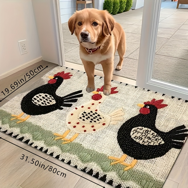 Rooster Print Door Mat with Light Striped Field and Fringed-Look Border in Three Rectangles or One Runner — image 12